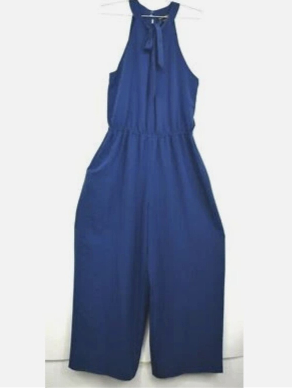 London Times Women's Tie Neck Halter Back Keyhole Jumpsuit